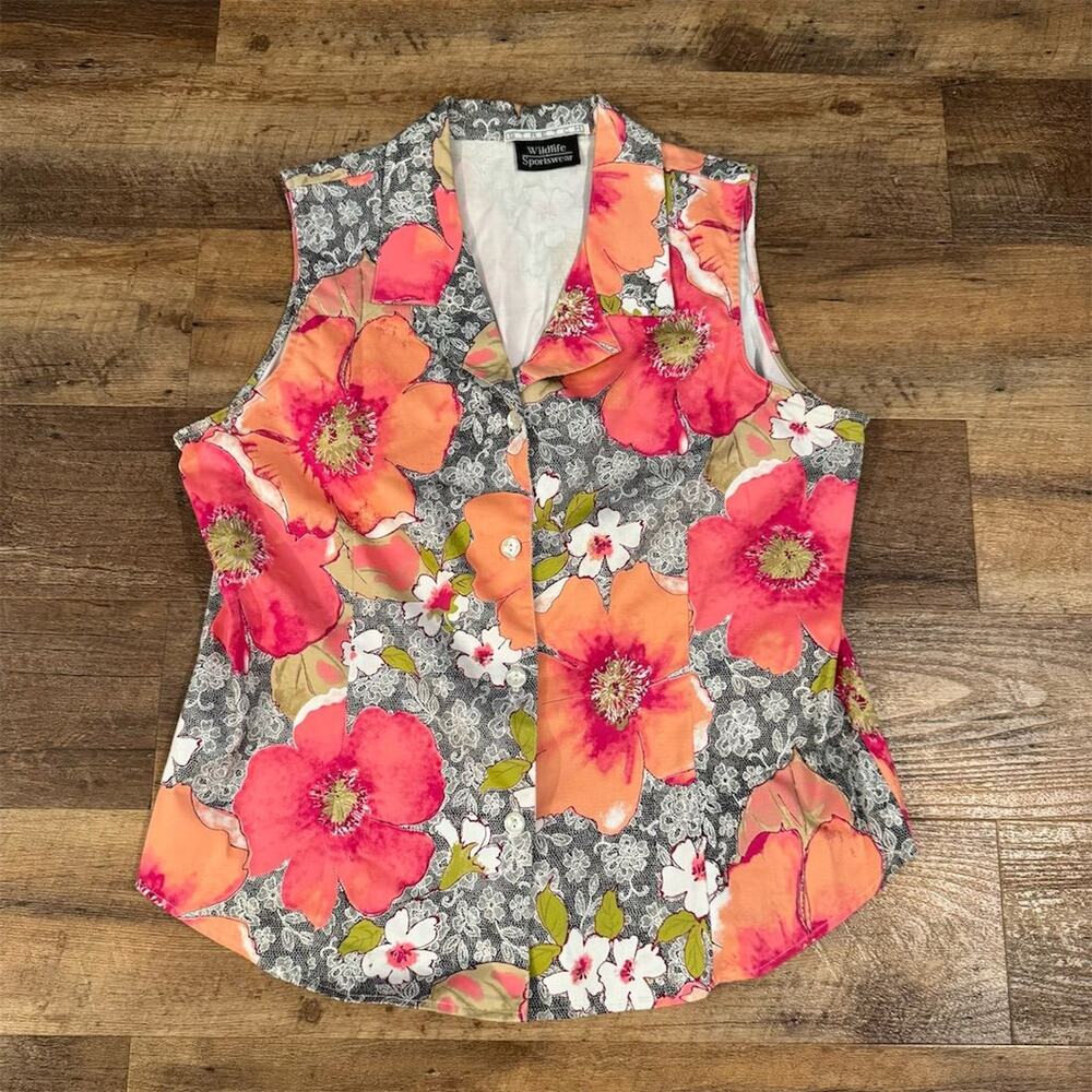 XL Floral Hibiscus Sleeveless Vest Blouse Boho Art to Wear Spring Summer Twee